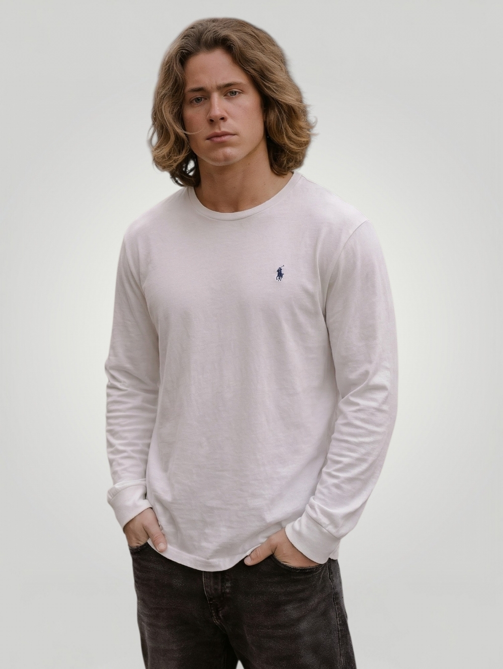 Polo Ralph Lauren Long Sleeve Crewneck Tee Large Cream Ivory Cotton Classic Fit